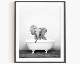 Baby Elephant No3 in a Vintage Bathtub, Rustic Bath Style in Black and White, Bathroom Wall Art, Unframed Print, Animal Art by Amy Peterson