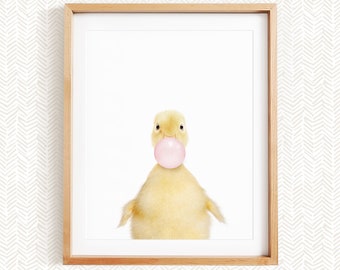 Baby Yellow Ducky Blowing Bubble Gum, Baby Ducky Woodland Animal Nursery Decor, Unframed Print, Baby Animal Wall Art by Amy Peterson