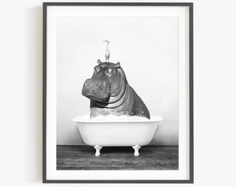 Hippo with Bird in a Vintage Bathtub, Rustic Bath Style in Black and White, Bathroom Wall Art, Unframed Print, Animal Art by Amy Peterson