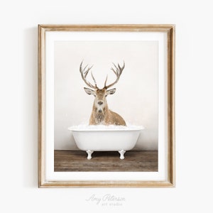 Deer in a Vintage Bathtub, Rustic Bath Style, Deer in Tub, Bathroom Wall Art, Unframed Print, Animal Art by Amy Peterson