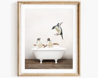 Penguins in a Vintage Bathtub, Rustic Bath Style, Penguin in Tub, Bathroom Wall Art, Unframed Print, Animal Art by Amy Peterson