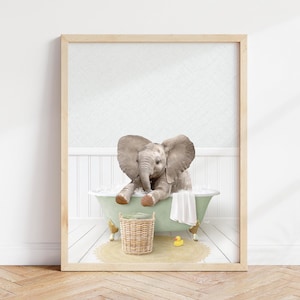 Baby Elephant in Green Bathtub Art Print: Bathroom Wall Decor