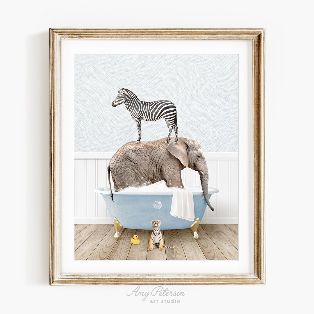 Safari Animals in a Vintage Bathtub, Cottage Blue Bath Style, Animals
