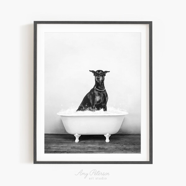 Doberman Pinscher Dog in a Vintage Bathtub, Dog Taking Bath, Dog Art, Bathroom Wall Art, Unframed Print, Animal Art by Amy Peterson