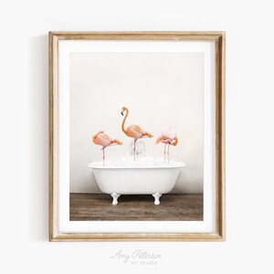 Three Flamingos in a Vintage Bathtub, Rustic Bath Style, Flamingo in Tub, Bathroom Wall Art, Unframed Animal Art Print by Amy Peterson