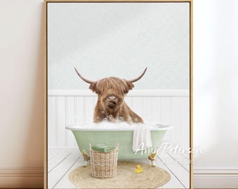 Highland Cow in Bathtub Art Print: Cottagecore Bathroom Wall Decor