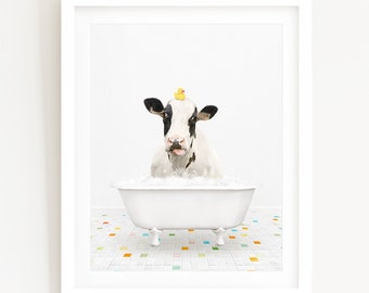 Cow with Rubber Ducky in a Vintage Bathtub, Color Tile Bath Style, Bathroom Wall Art, Unframed Animal Art Print by Amy Peterson