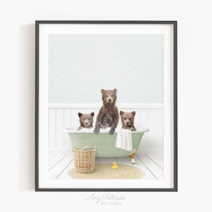 Three Bear Cubs in a Vintage Bathtub, Cottage Green Bath, Cubs in Tub, Bathroom Wall Art, Unframed Print, Animal Art by Amy Peterson