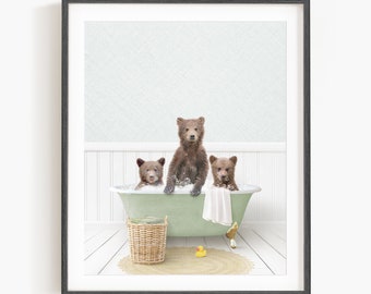 Three Bear Cubs in a Vintage Bathtub, Cottage Green Bath, Cubs in Tub, Bathroom Wall Art, Unframed Print, Animal Art by Amy Peterson