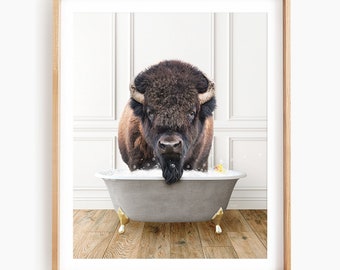 Bison in a Vintage Bathtub, Traditional Bath Style, Animal Bathroom Art, Bathroom Wall Art, Animal Art by Amy Peterson