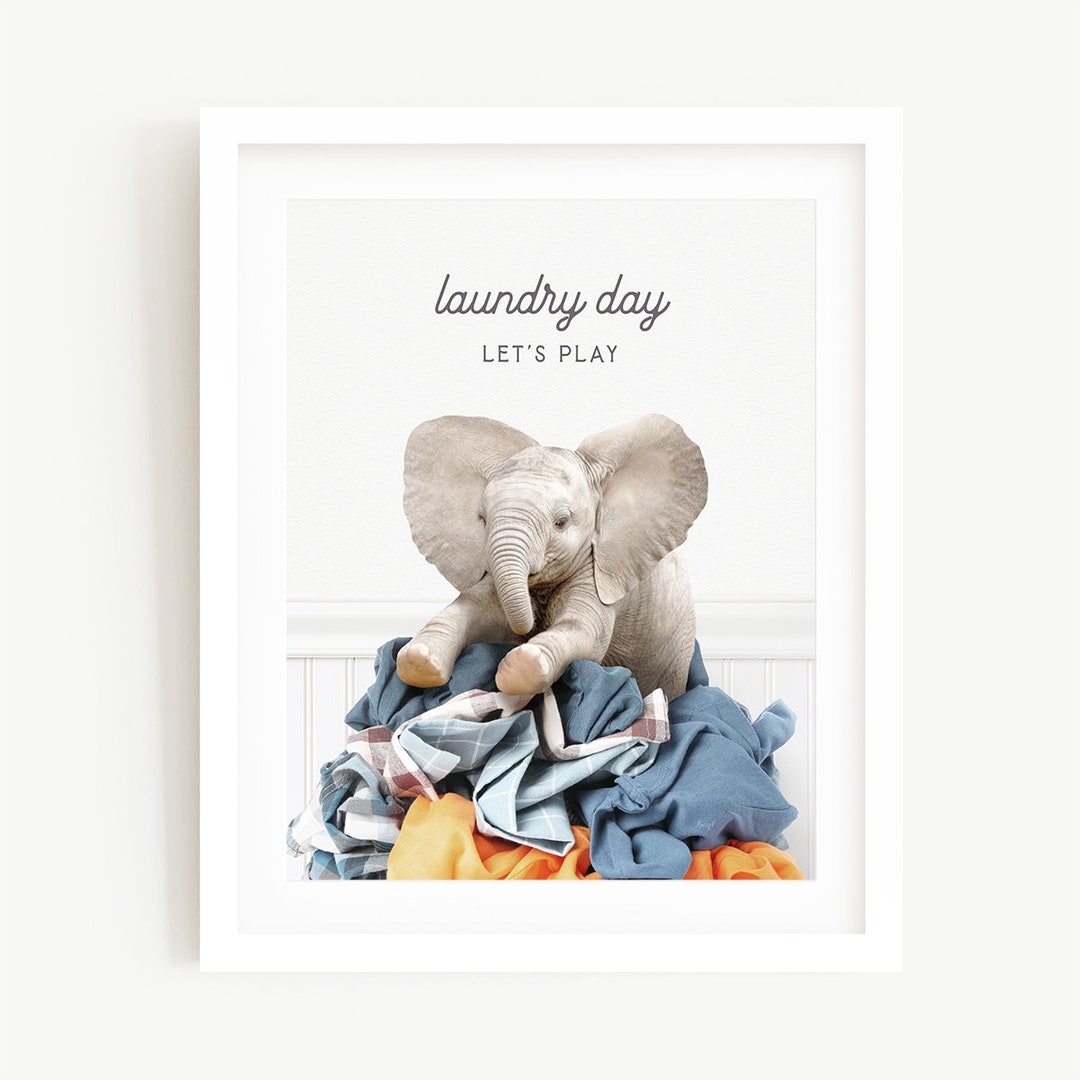 Baby Elephant laundry Day Let's Play, Laundry Wall Art, Laundry Wall