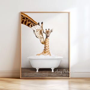 Mother and Baby Giraffe Print, Vintage Bathtub (Rustic Bathroom Art)