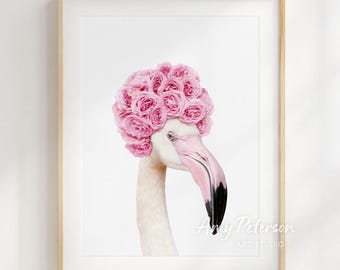 Funny Flamingo Wall Art, Pink Roses, Whimsical Decor (Unframed)