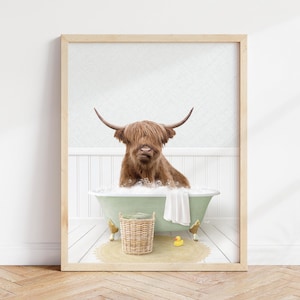 Highland Cow in Bathtub Art Print: Cottagecore Bathroom Wall Decor