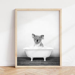 Koala in Bathtub Print: Rustic Bathroom Animal Wall Art