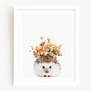 Hedgehog Garden, Funny Hedgehog, Whimsical Animal Art, Animal Wearing Flowers, Unframed Animal Art Print by Amy Peterson