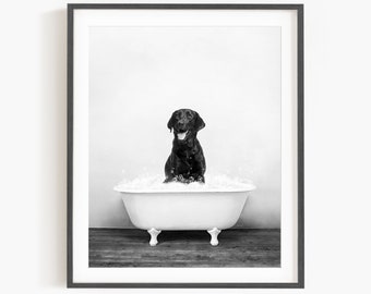 Black Labrador Dog in a Vintage Bathtub, Dog Taking Bath, Dog Art, Bathroom Wall Art, Unframed Print, Animal Art by Amy Peterson