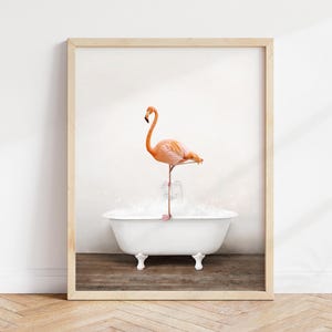 Flamingo in Bathtub Art Print: Rustic Bathroom Wall Decor