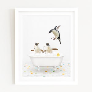 Penguins with Rubber Ducky in a Vintage Bathtub, Color Tile Bath Style, Bathroom Wall Art, Unframed Animal Art Print by Amy Peterson