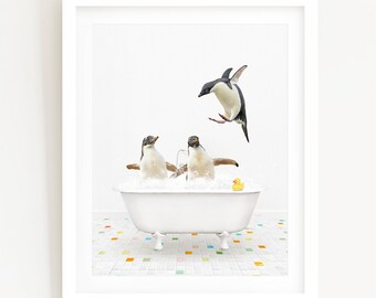 Penguins with Rubber Ducky in a Vintage Bathtub, Color Tile Bath Style, Bathroom Wall Art, Unframed Animal Art Print by Amy Peterson