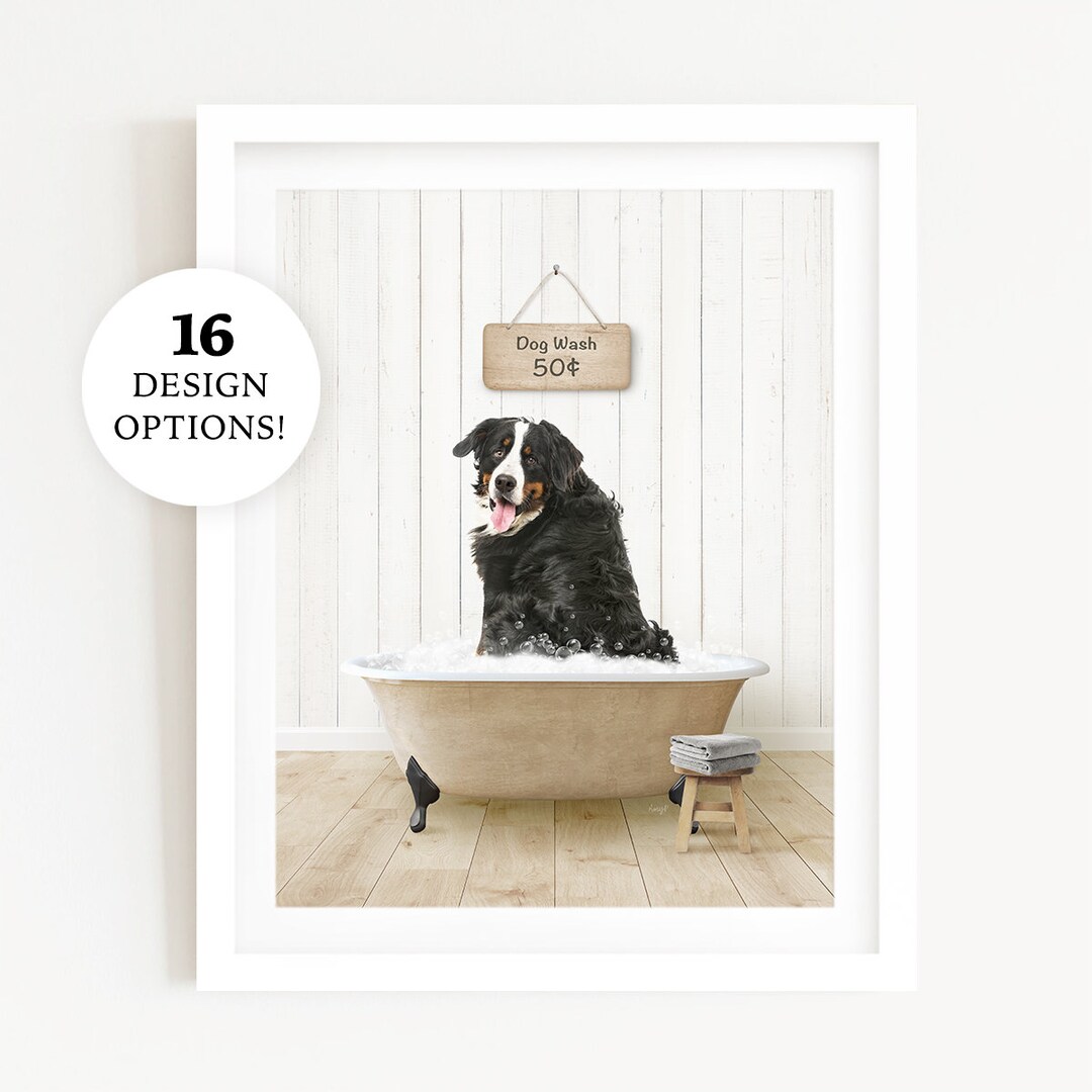 Bernese Mountain Dog in a Vintage Bathtub, Dog Taking Bath, Dog Art