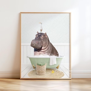 Hippo in Bathtub Art Print: Cottagecore Bathroom Animal Wall Decor