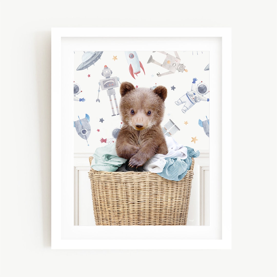 Baby Bear Cub in Laundry Basket, Laundry Wall Art, Laundry Wall Decor