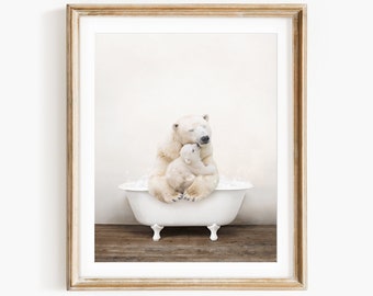 Mother and Baby Polar Bear in a Vintage Bathtub, Rustic Bath Style, Bathroom Wall Art, Unframed Print, Animal Art by Amy Peterson