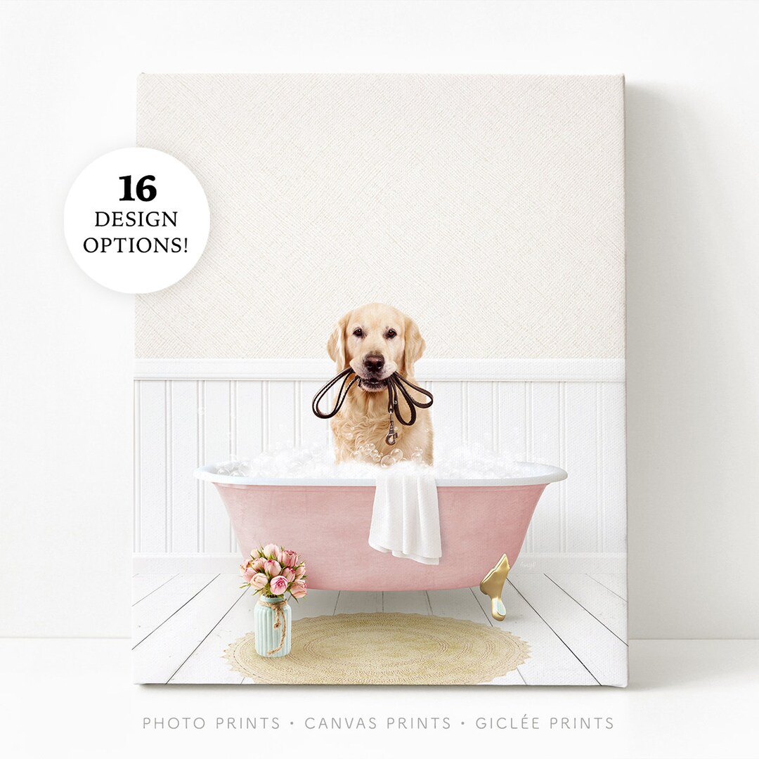 Golden Retriever Dog in a Vintage Bathtub, Dog Taking Bath, Dog Art