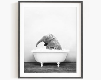 Baby Elephant No1 in a Vintage Bathtub, Rustic Bath Style in Black and White, Bathroom Wall Art, Unframed Print, Animal Art by Amy Peterson