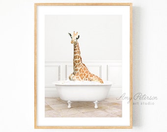 Giraffe in a Vintage Bathtub, Modern Bath Style, Giraffe in Tub, Animal Bathroom Art, Bathroom Wall Art, Animal Art by Amy Peterson