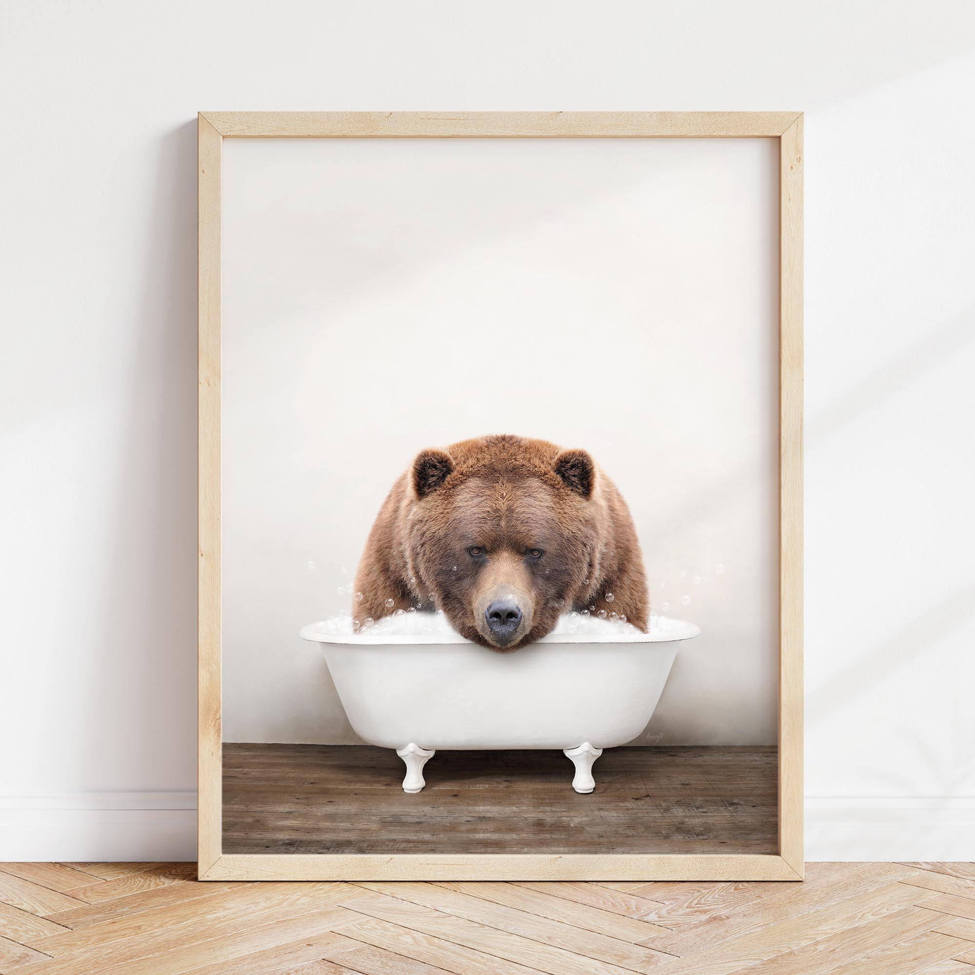 Bear in Bathtub Art Print: Rustic Bathroom Wall Decor