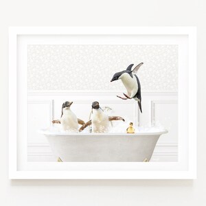 Three Penguins in a Vintage Bubble Bath, Bathroom Wall Art, Bathtub Animal Unframed Art Print by Amy Peterson