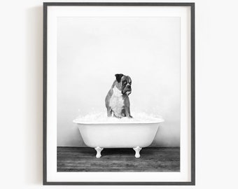 German Boxer Dog in a Vintage Bathtub, Dog Taking Bath, Dog Art, Bathroom Wall Art, Unframed Print, Animal Art by Amy Peterson