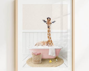 Giraffe in Bathtub Art Print: Cottage Pink Bathroom Wall Decor