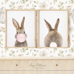 Bunny Art Prints Set: Front & Back, Woodland Nursery Decor, Nursery Art Print Set of 2, Unframed image 1