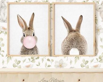 Bunny Art Prints Set: Front & Back, Woodland Nursery Decor, Nursery Art Print Set of 2, Unframed