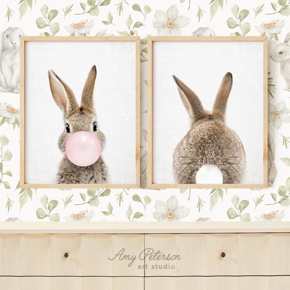 Bunny Art Prints Set: Front & Back, Woodland Nursery Decor
