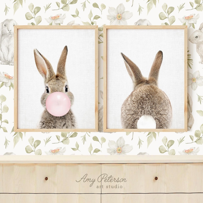 Bunny Art Prints Set: Front & Back, Woodland Nursery Decor, Nursery Art Print Set of 2, Unframed image 1
