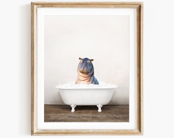 Baby Hippo in a Vintage Bathtub, Rustic Bath Style, Baby Hippo in Tub, Bathroom Wall Art, Unframed Print, Animal Art by Amy Peterson