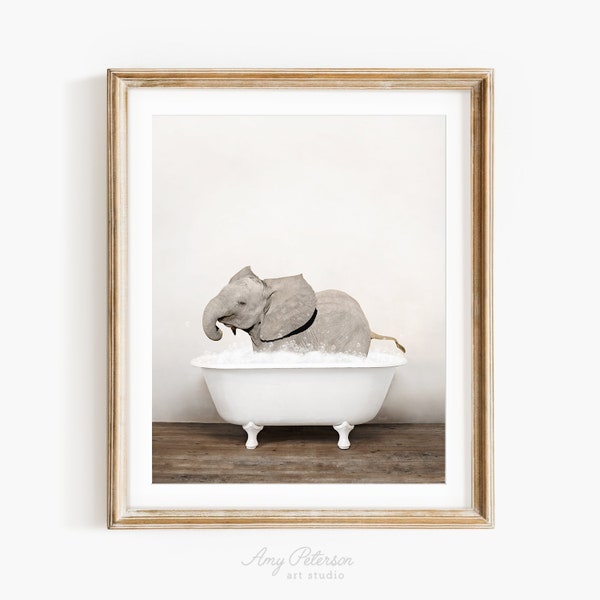 Baby Elephant No2 in Vintage Bathtub, Rustic Bath Style, Elephant in Tub, Bathroom Wall Art, Unframed Print, Animal Art by Amy Peterson