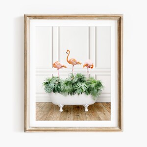 Flamingos in a Vintage Bathtub, Traditional Bath Style, Animal Bathroom Art, Bathroom Wall Art, Animal Art by Amy Peterson