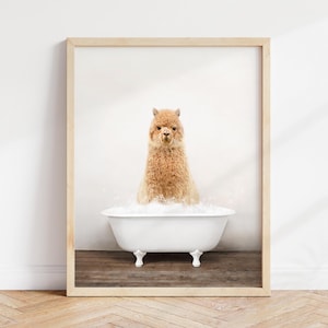 Alpaca in Bathtub Art Print: Rustic Bathroom Wall Decor