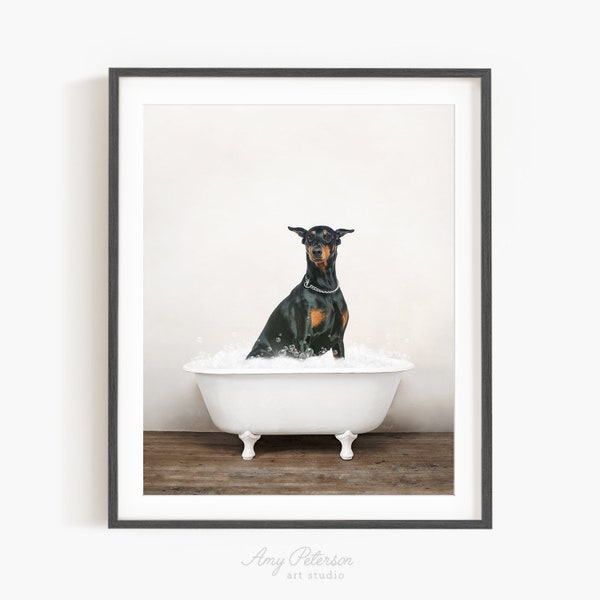 Doberman Pinscher Dog in a Vintage Bathtub, Dog Taking Bath, Dog Art, Bathroom Wall Art, Unframed Print, Animal Art by Amy Peterson