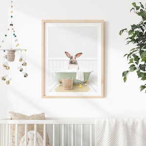 Bunny in Bathtub Art Print: Cottagecore Bathroom Wall Decor