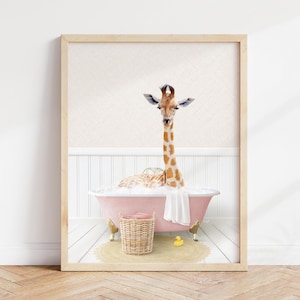 Giraffe in Bathtub Art Print: Cottage Pink Bathroom Wall Decor