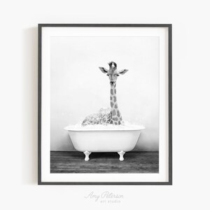 Giraffe in a Vintage Bathtub, Rustic Bath Style in Black and White, Bathroom Wall Art, Unframed Print, Animal Art by Amy Peterson