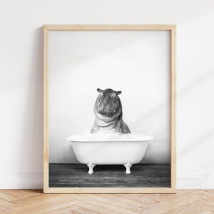 Baby Hippo in Bathtub Print: Rustic Bathroom Wall Art