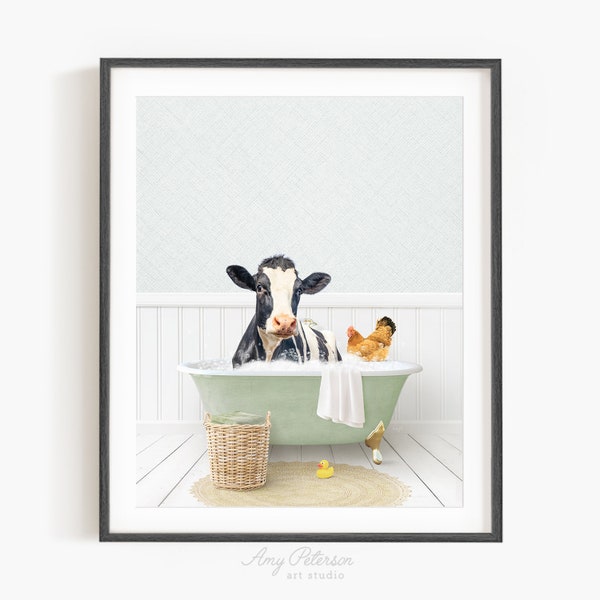 Cow and Chicken in a Vintage Bathtub, Cottage Bath, Cow in Tub, Bathroom Wall Art, Unframed Print, Animal Art by Amy Peterson