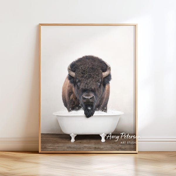Bison in Bathtub Luster Photo Print: Rustic Bathroom Wall Art